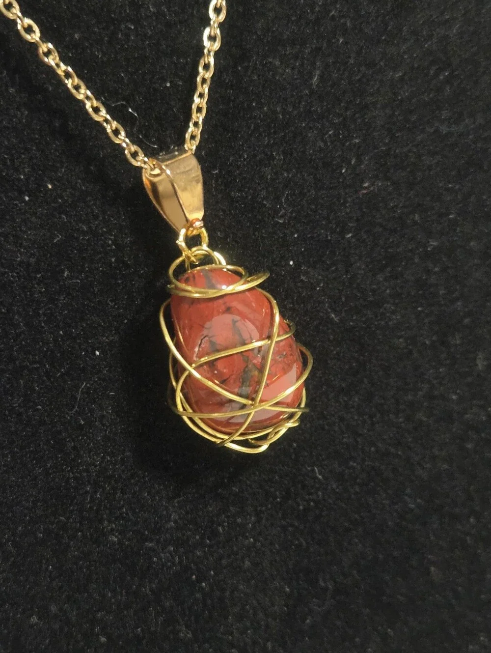 Handcrafted Gold Wire-Wrapped Red Jasper Stone Pendant Necklace